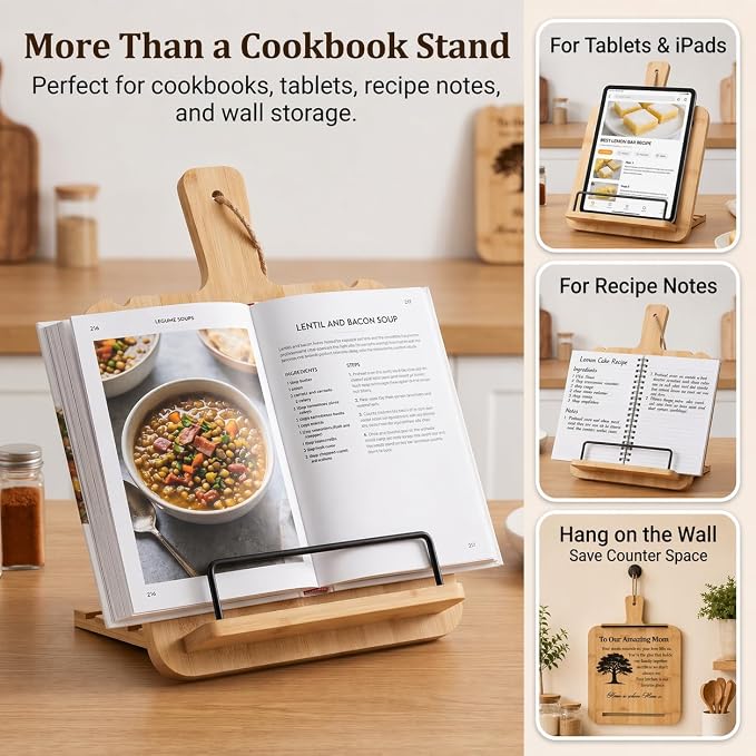 Bamboo Cookbook Stand for Kitchen Counter, Wooden Recipe Book Holder with 4 Adjustable Angles, Space-Saving Wall Mount Tablet Stand, Personalized Mothers Day Gifts for Mom