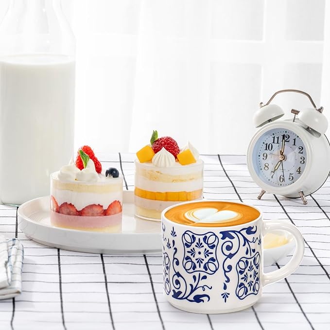 Eorbow 4 Pack Ceramic Coffee Mug Set with Rack, 16 OZ Stackable Cappuccino Cups with Metal Stand, Blue and White Porcelain Tea Mugs for Latte, Americano, Milk, Hot Cocoa, Beverages, Microwave Safe