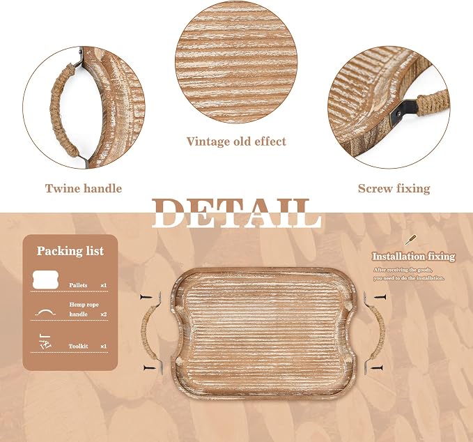 Rustic Wood Serving Tray with Metal Twine Handles Set of 2 Rectangular Decorative Trays Farmhouse Platter for Food, Fruit, and Coffee Great for Bed, Patio, Ottoman, Coffee Table, Kitchen, or Party.