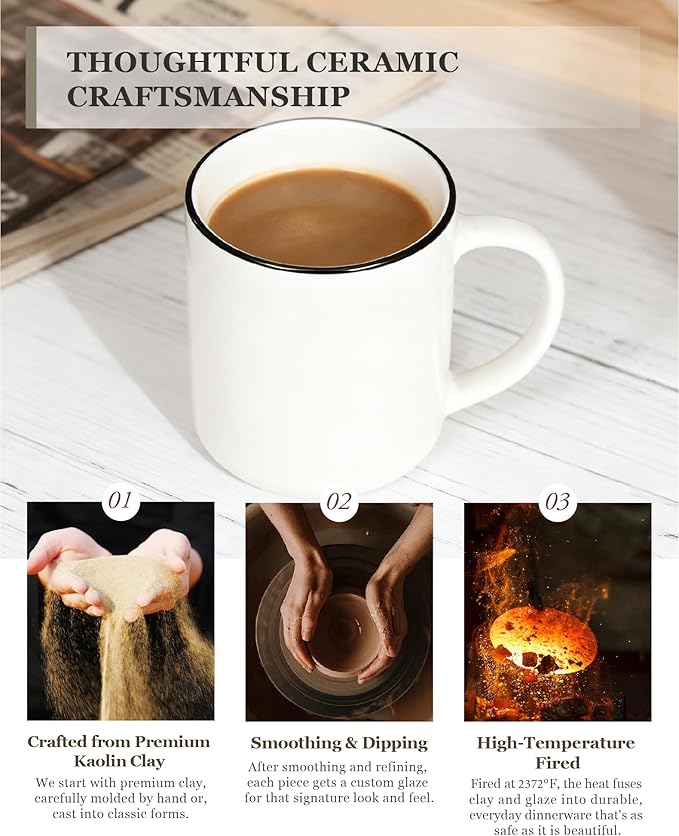 OTAGO Coffee Mugs for 4, 12 oz Mug Set, Dringking Cup with Handle for Coffee, Tea, Cocoa, Milk, Black Rim