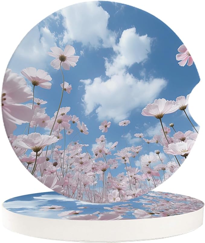 Small Car Coasters for Cup Holders 2.6" Dia Absorbent Coasters Set of 6 Car Interior Accessories for Women Men Ceramic Car Coaster for Drinks with Finger Grooves,Blue Sky Clouds Pink Flowers