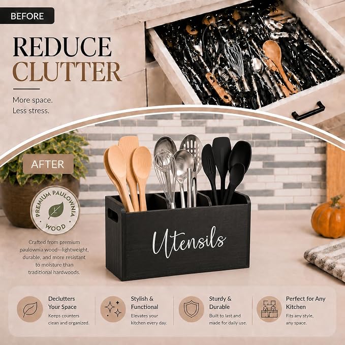 Black Kitchen Utensil Holder for Countertop – Large 3-Compartment Cooking Utensil Organizer & Caddy with Drain Holes, Modern Wood Utensil Holder for Kitchen Counter, Spatula & Spoon Storage