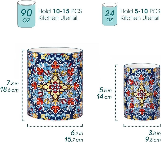vancasso SIMI Utensil Holder, 7.3"+5.5" Porcelain Kitchen Utensil Holder for Countertop, Bohemian Kitchen Utensil Organizer for Spatulas, Spoons, Decorative Counter Utensil Crock, Twilight Bloom