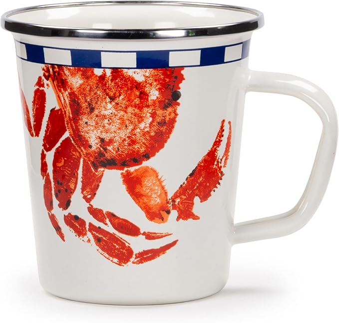 Golden Rabbit Enamelware Latte Coffee or Tea Mugs, 16 ounce, Crab House, Set of 4