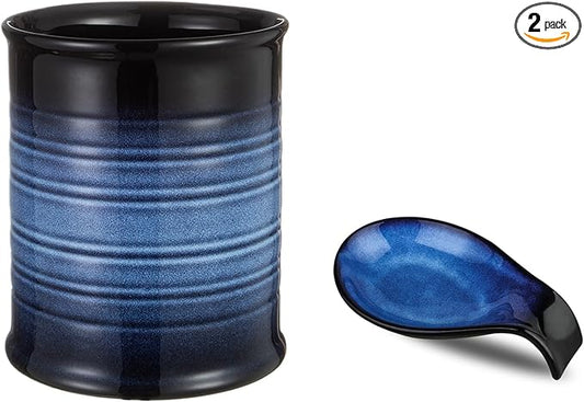 Nihow Kitchen Utensil Holder and Spoon Rest: Ceramic Utensil Holder for Countertop - Stable Utensil Crock for Kitchen Counter Decor - Elegant Blue & Black