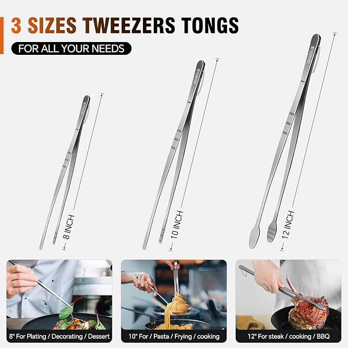 Eddeas Kitchen Tweezers Tongs, Cooking Tweezers Stainless Steel - 3 Size 12'' 10'' & 8 inch Ideal for Meat, pasta, plating and pinching delicate small pieces of food, Set of 3 (Pack of 2)