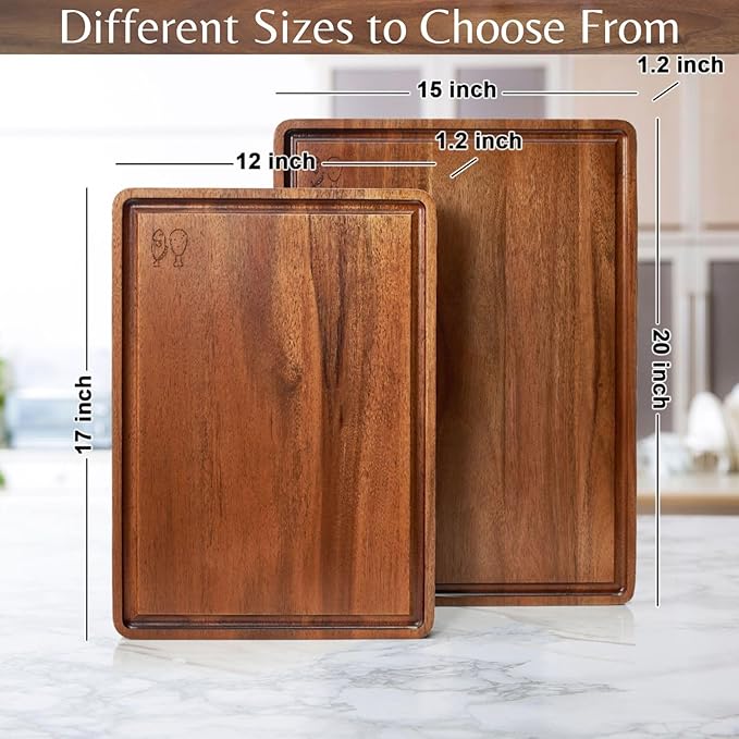 Acacia Wood Cutting Board (17x12x1.2 In.) - Big Wooden Non Toxic Hardwood Organic Meat Steak Chef Butcher Block Boards for Kitchen with Juice Groove