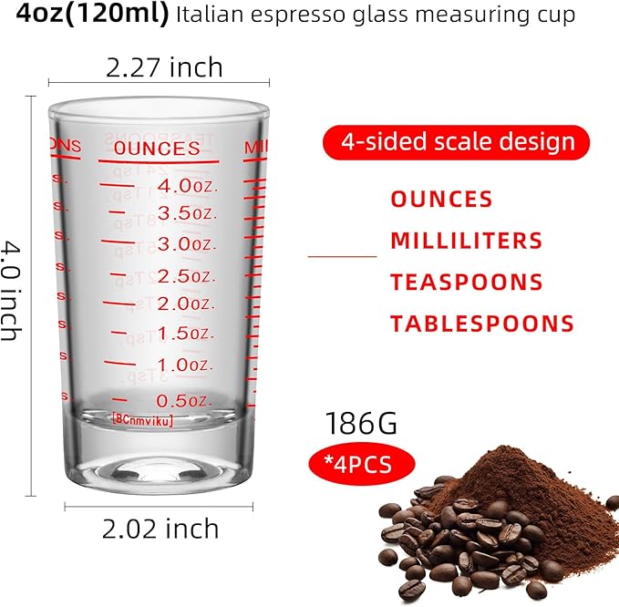 4Pcs Shot Glass Measuring Cup, 4 Ounce Heavy Base Jigger, Espresso Shot Glasses, Liquid Cup, Round Shot Glasses, Small Cups for Vodka, Whiskey, Tequila, Espresso, Liquor (4, Red)