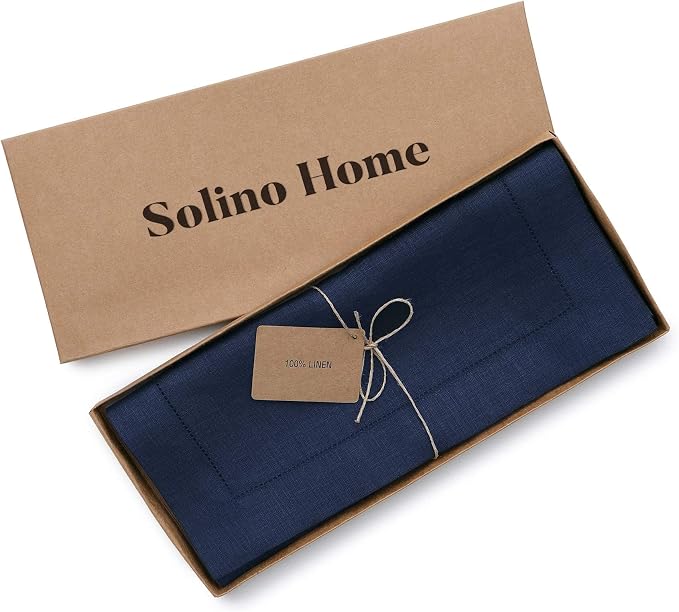 Solino Home Linen Navy Blue Table Runner 90 Inches Long - 100% Pure Linen Hemstitch 14 x 90 Inch Table Runner for Dining, 4th of July - Classic Hemstitch