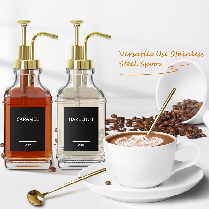 Gold Coffee Bar Accessories, Coffee Syrup Dispenser 16.9 fl oz/500ml, Glass Syrup Dispenser with Gold Pump Dispenser, Labels, Spoons for Coffee Bar, 4 Pack