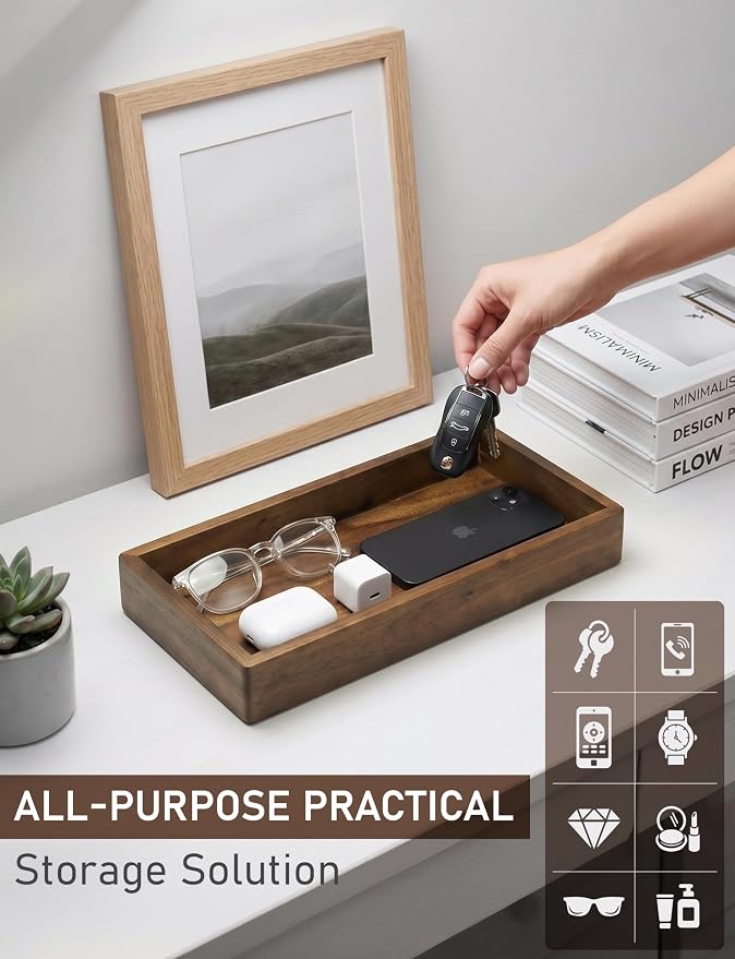 Demigo Acacia Wood Valet Tray & Catchall - Dark Color 12.2" x 6" Organizer for Nightstand, Entryway, Dresser - Holds Keys, Wallet, Phone, Jewelry (Dark Brown)