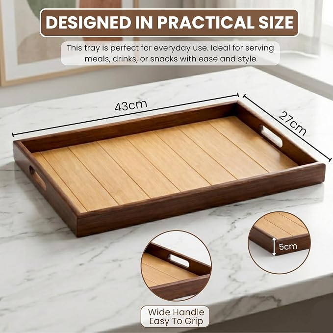 Bamboo Serving Tray with Handles (16 Inches) - Wooden Ottoman Tray for Coffee Table, Breakfast in Bed, Charcuterie - Decorative Food Tray for Living Room, Kitchen and Home Decor