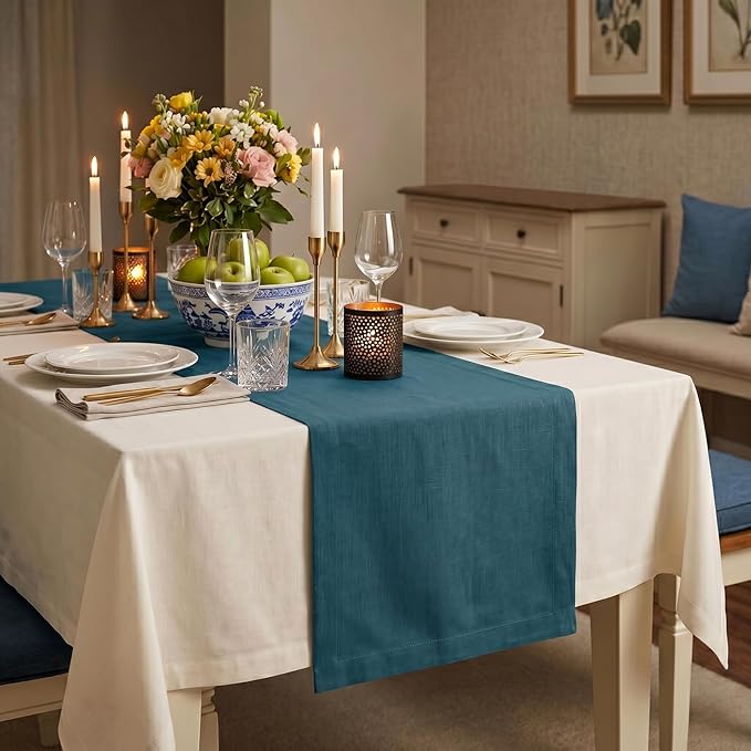 Solino Home Linen Table Runner 120 Inches Long - 100% Pure Linen Peacock Blue Table Runner 14 x 120 Inch - Fete