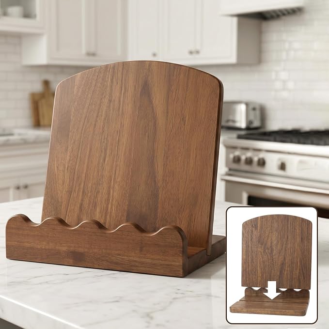 Scalloped Wooden Cookbook Stand for Kitchen Counter,2 in 1 Recipe Book Holder,Charcuterie Board & Kitchen Serving Tray,Durable Cook Book Holder Stand Easily Keeps Cook or Recipe Books Open