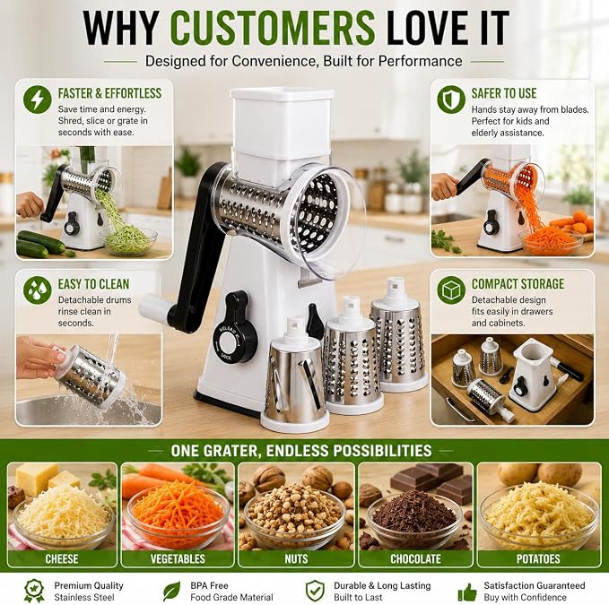 Rotary Cheese Grater with Handle, 3 Interchangeable Stainless Steel Blades, Manual Vegetable Slicer & Cheese Shredder, Hand Crank Grater for Cheese, Potato, Carrot, Cucumber, Nuts & Chocolate, White