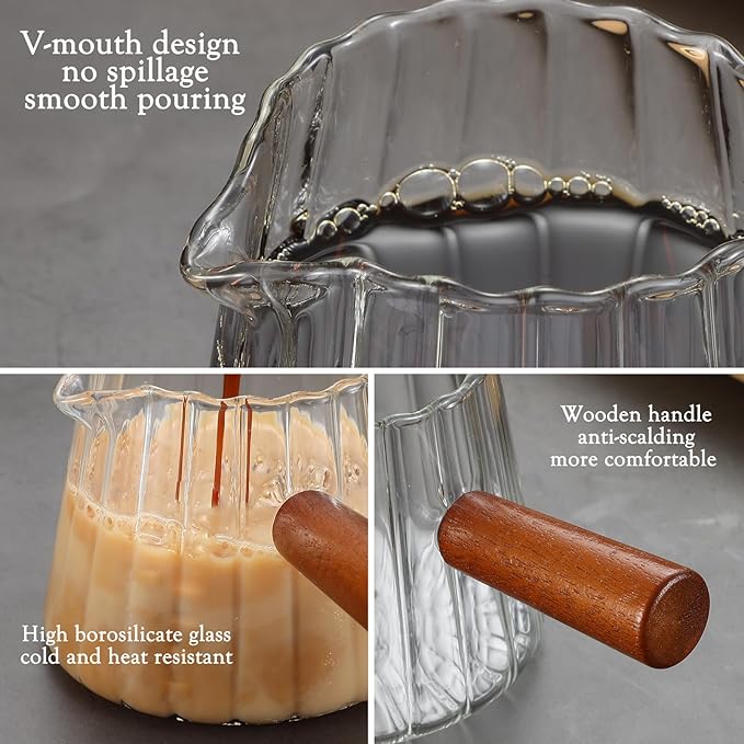 Espresso Cups 4 OZ, Double V-Shaped Spouts Cups, Espresso Shot Glasses with Wood Handle, Ribbed Milk Measuring Cup