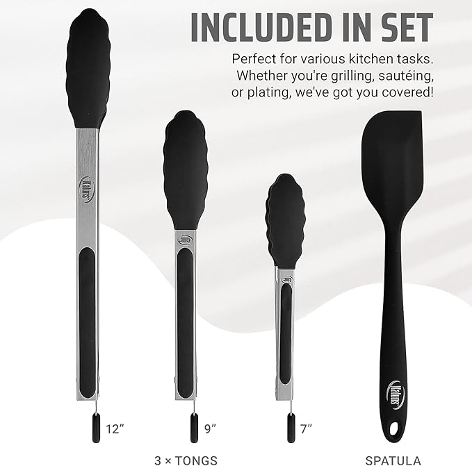 Kaluns Kitchen Tongs for Cooking Grilling Set of 4, BBQ Grill Tongs With Silicone Tip Stainless Steel Heat Resistant, Non-stick Pull Lock, Incl 7, 9, 12 Inch Tong Plus a Silicone Spatula