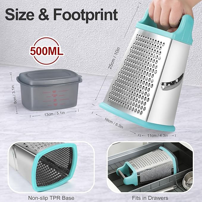 Ourokhome Cheese Grater with Handle, Stainless Steel Box Grater, 4 Side Kitchen Vegetable Shredder Slicer Zester with Container for Parmesan, Cabbage, Ginger, Lemon, Chocolate, Coconut (Teal)