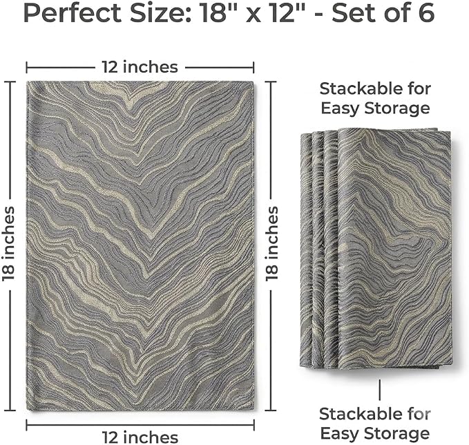 Dark Gray Placemats Set of 6, 12x18 Inch Irregular Mountain-Inspired Jacquard Table Mats, Double Sided Reversible Non Slip Place Mats, Grey Oriental Dining Table Decor for Kitchen