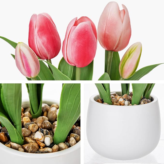 Hollyone Pink Tulips Artificial Flowers in Vase Fake Tulips Silk Flowers Arrangements Faux Tulip Bulbs with Ceramic Pot Tulip Potted Plants Floral Bouquet for Home Decor Table Centerpiece Decorations