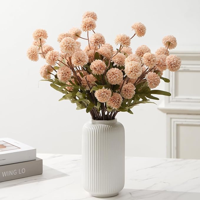trytuny Fake Fall Flowers for Vase, Faux Silk Kiku Mums, Artificial Pom pom Floral Bouquets Indoor Centerpiece Office Coffee Table Boho Home Decorations (9, Khaki)