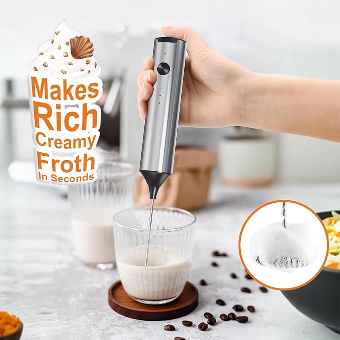 SOUTHMAN Milk Frother Handheld Foamer with Stainless Steel Stand, 3 Speeds Control, Electric Milk Frother Rechargeable Coffee Whisk, Drink Mixer for Latte, Cappuccino