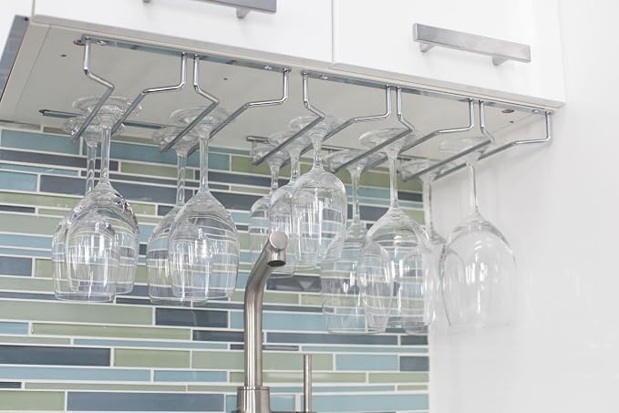 Oenophilia Under Cabinet Stemware Rack, Wine Glass Holder Under Cabinet Kitchen, Chrome Finish, Holds 6-9 Glasses Depending on Style