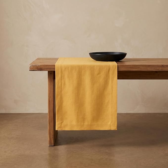 Solino Home Linen Table Runner 90 Inches Long - 100% Pure Linen Mustard Yellow Table Runner 14 x 90 Inch for Spring, Summer - Fete