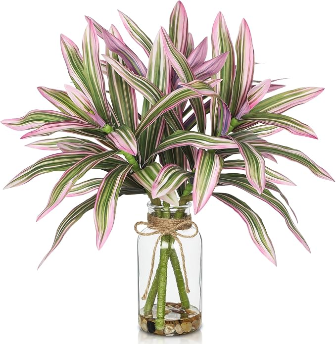 Faux Greenery Stems in Vase Dracaena Aritificial Plant in Glass Vase with Faux Water & Stones 15.7" Small Potted Plants Arrangement Centerpieces for Farmhouse Kitchen Dinner Tables Greenery Decor