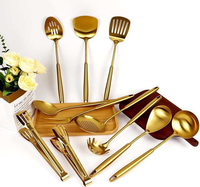 304 Gold Cooking Utensils Set, 11PCS Stainless Steel Kitchen Utensils Set, Metal Kitchen Utensils Set Include Meat Fork, Tongs, Turner, Soup Ladle, Dishwasher Safe