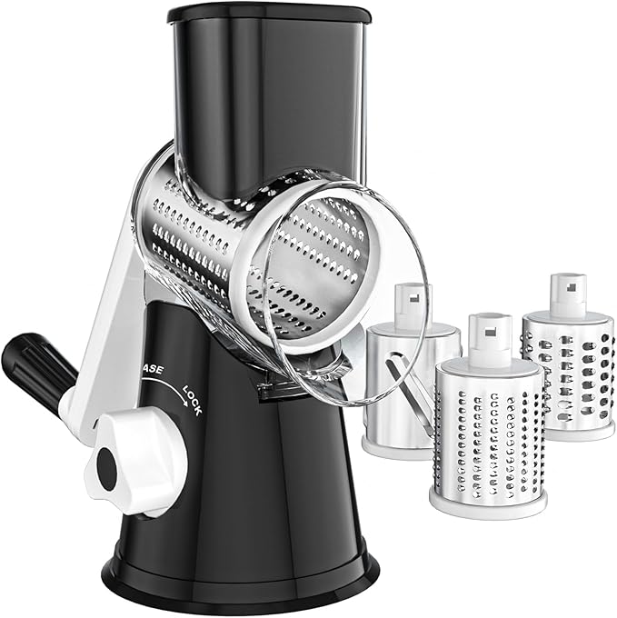 Cheese Grater Hand Crank, Rotary Vegetable Shredder with Handle and Strong Suction base, 3 in 1 Kitchen Speed Spin Veggie Slicer Nut Grinder for Pizza Top, Hash brown, Salad and More (Black)