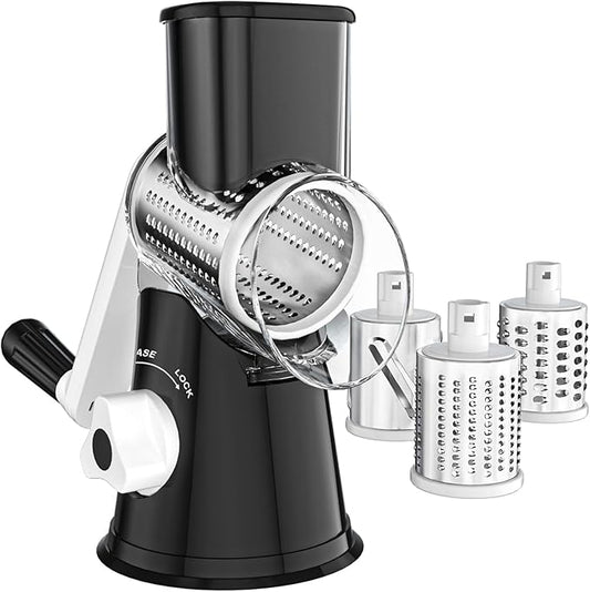 Cheese Grater Hand Crank, Rotary Vegetable Shredder with Handle and Strong Suction base, 3 in 1 Kitchen Speed Spin Veggie Slicer Nut Grinder for Pizza Top, Hash brown, Salad and More (Black)