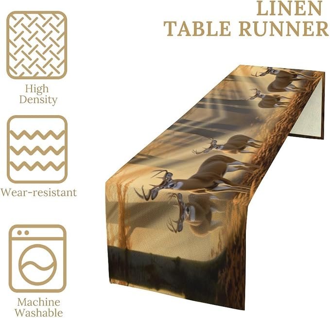 Deer Table Runner, Vintage Rustic Forest Hunting Lodge Elk Animal Table Decor Table Top Dining Kitchen Wedding Party 13x108 in