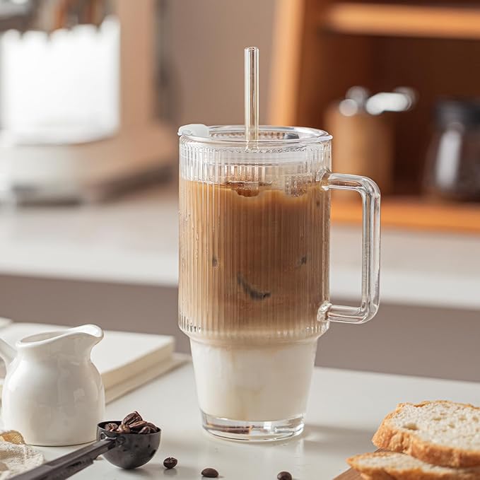KEMORELA 24 Oz Ribbed Glass Tumblers with Lids and Straws, Tumbler Cup with Handle, Iced Coffee Glassware, Clear Reusable Drinkware for Smoothies and Beverages (1)