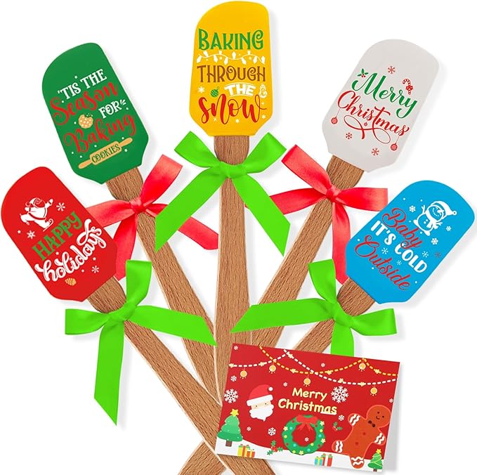 Newtay 20 Sets Christmas Silicone Spatula Cake Spatula Bulk Cooking Scraper with Wooden Handle Xmas Greeting Card Ribbon for Christmas Decoration Holiday Gifts Kitchen Party Favors (Classic Style)