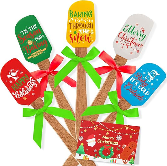 Newtay 10 Sets Christmas Silicone Spatula Cake Spatula Bulk Cooking Scraper with Wooden Handle Xmas Greeting Card Ribbon for Christmas Decoration Holiday Gifts Kitchen Party Favors (Classic Style)