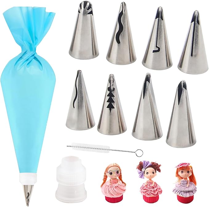 Baipeisy 11Pcs Stainless Steel Pleated Skirt Piping Tips Set - Reusable Baking Tools Kit Includes 8 Decorating Nozzles, 1 Cleaning Brush, 1 Converter, 1 silicone piping bag for Frosting Cakes