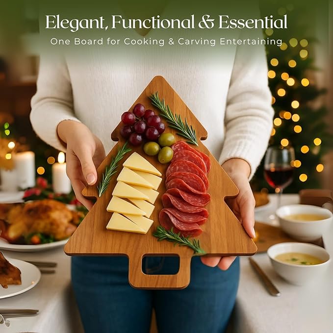 Aurah Acacia Wood Christmas Tree Cutting Board 14x11 Inch - Chopping Board with Handle, Xmas Cheese Appetizer Tray, Wooden Decorative Serving Platter for Kitchen & Holiday Party