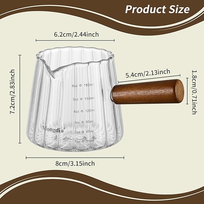 Mongdio 6OZ Espresso Shot Cup, Espresso Measuring Cup with Wooden Handle, Glass Measuring Cup with Dual Scale Markings, Coffee Essentials for Coffee, Milk