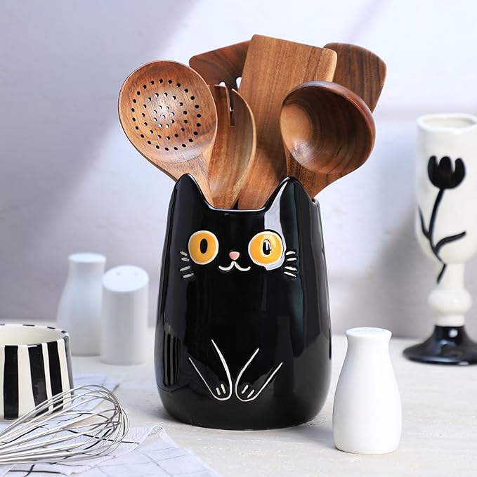 SOCOSY Black Cat Ceramic Kitchen Utensil Holder For Countertop, Cooking Utensil Crock Holder Spatula Holder