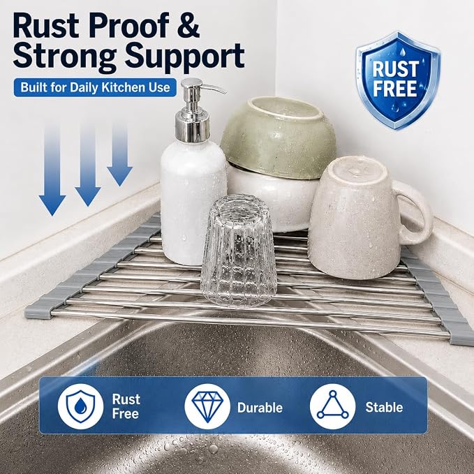 Triangle Roll Up Dish Drying Rack Over Sink, Silicone Wrapped Anti Slip Sink Organizer, Rust Proof Corner Dish Rack, Foldable Heat Resistant Kitchen Sink Organizer for Small Kitchens