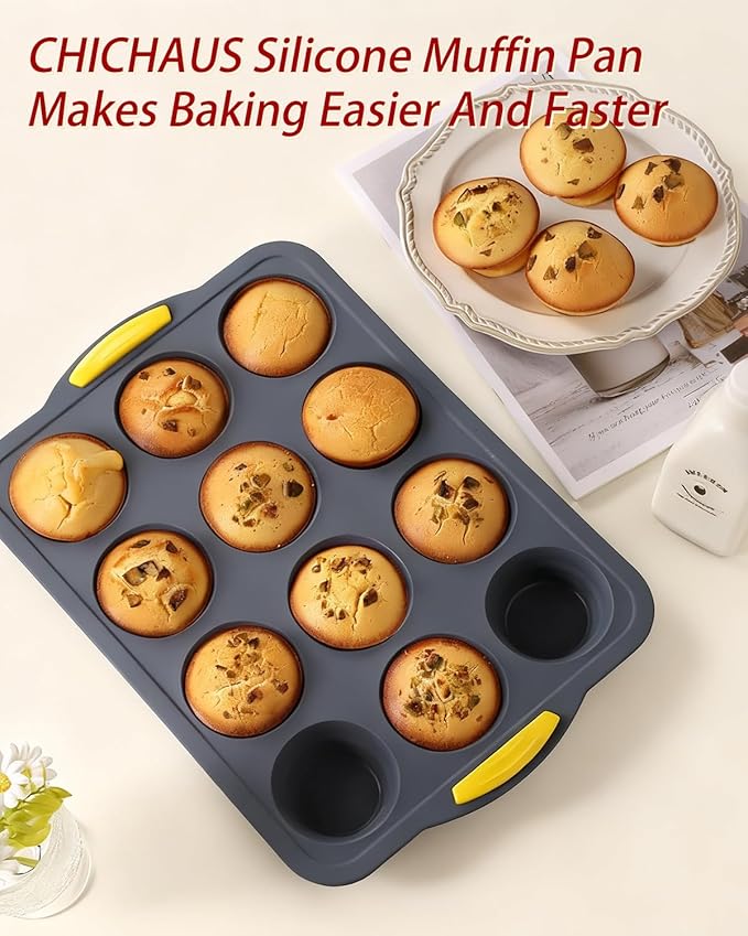 12-Cups Foldable Silicone Muffin Pan with Metal Reinforced Frame - Non-Stick Heat-Resistant Baking Mold for Muffins, Cupcakes, Mini Treats - Easy Storage Silicone Baking Pan, 7-Piece Baking Set