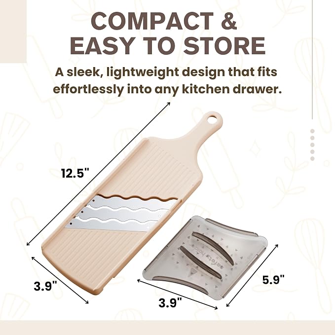 Arnest Japanese Cabbage Slicer Mandoline, 3-Blade Triple Wave Ultra-Thin Shredder for Tonkatsu-Style Slaw, Stainless Steel Wave Blades, Safety Holder, Easy-Rinse Clean, Compact Beige, Made in Japan