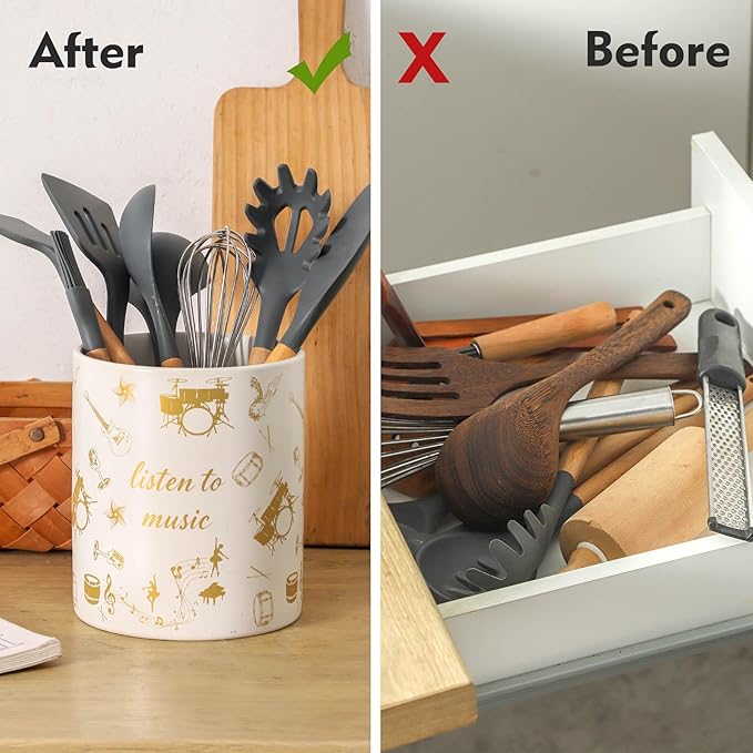 7" Music Utensil Holder, Large Kitchen Utensil Holder Organizer , White Stable Utensil Crock Spatula Holder for Kitchen Counter Countertop Farmhouse Cooking Tools Holder