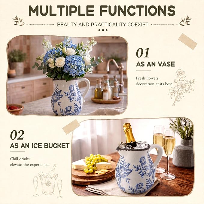 Blue Floral Ceramic Utensil Holder for Kitchen Counter, 6.69 Inch Rustic Farmhouse Cooking Utensil Holder with Handle Modern Kitchen Organizer Crock for Countertop Vintage Chinoiserie Decor