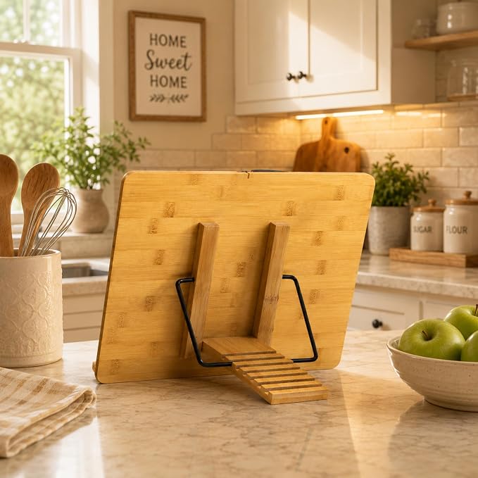 Solid Wood Book Stand – Hands-Free Cookbook & Recipe Book Holder for Kitchen Counter, Tablet Stand, Desktop Music Stand Bible Stand, Cook Book Stand, Stylish Kitchen Counter Decor & Plate Display