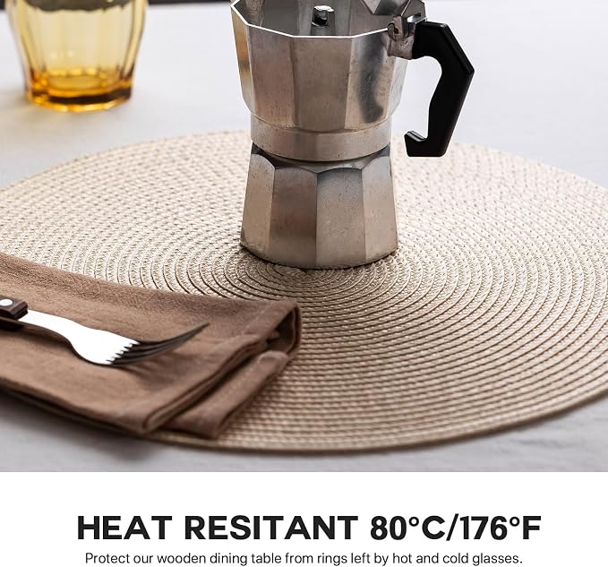 Baroyal Round Placemats Set of 4 Plastic Woven Placemats Washable Wipeable Table Mats for Dining Table Heat Resistant Non-Slip Circle Place Mats（Beige