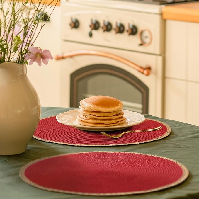 Noctiflorous Braided Round Placemats Set of 8, 15 Inch Woven Table Mats, Non-Slip Washable Thin Edge Place Mats for Kitchen Dining Table Decor (Red, 8)