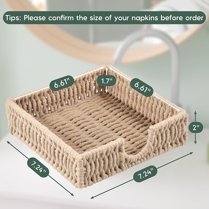 Napkin Holder for Table, Woven Cotton Rope Napkin Holders For Paper Napkins, Wicker Napkin Holders for Kitchen Dinner Table Boho Decor and Accessories, Square Napkin Basket and Serving Tray