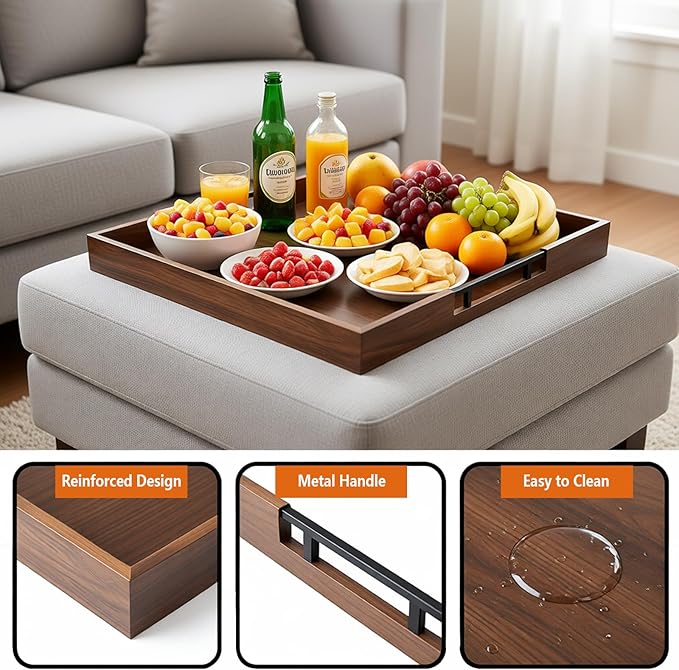 20 Inch Large Square Ottoman Tray, Premium Acacia Wooden Serving Tray with Metal Handles, Large Decorative Tray for Living Room, Ottoman, Coffee Table, Charcuterie Trays Use for Kitchen
